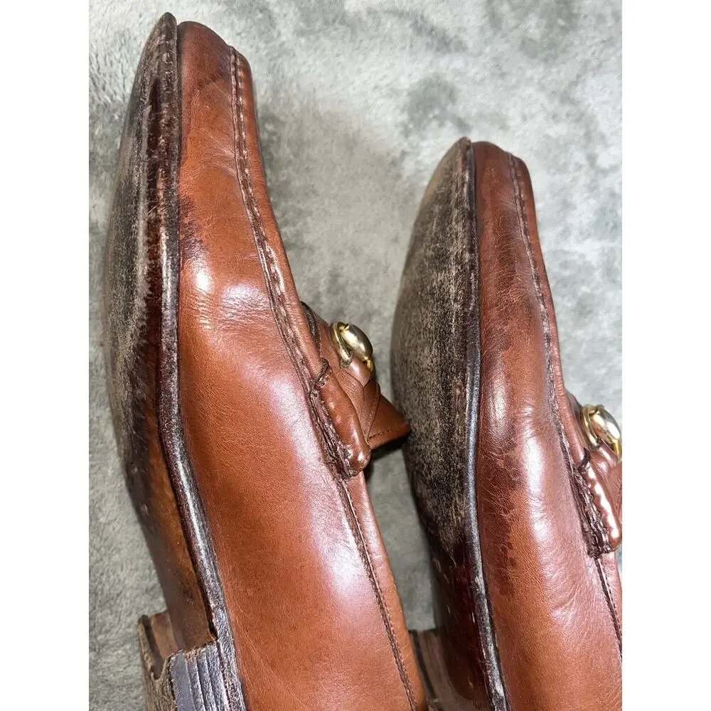 Vintage Gucci Mens 41D Horsebit Web Stripe Brown Leather Loafers Italy